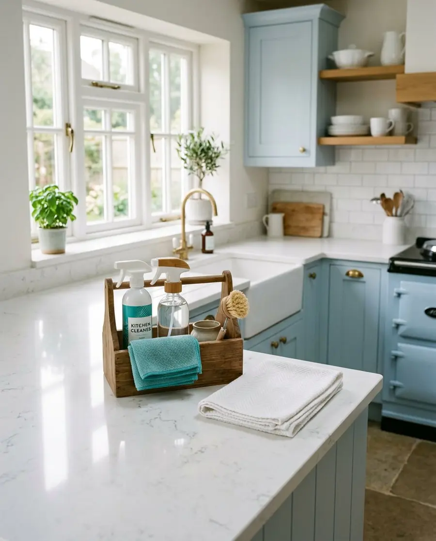 A spotless, sunlit kitchen with gleaming worktops and a caddy of cleaning supplies