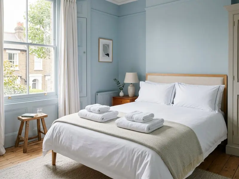 A freshly made guest bed with crisp white linen and folded towels