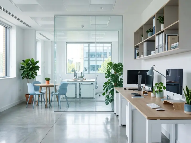 A bright, tidy modern office with polished floors and plants